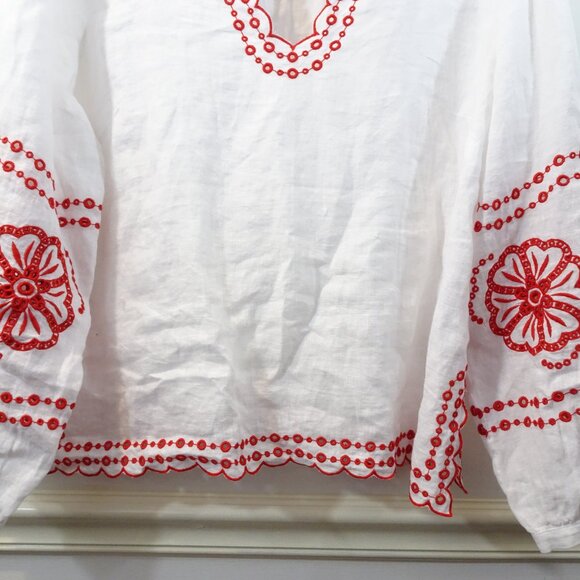 J. Crew Embroidered Tunic Linen Red White Size XL Boxy V-Neck Flowy Peasant - Picture 3 of 9